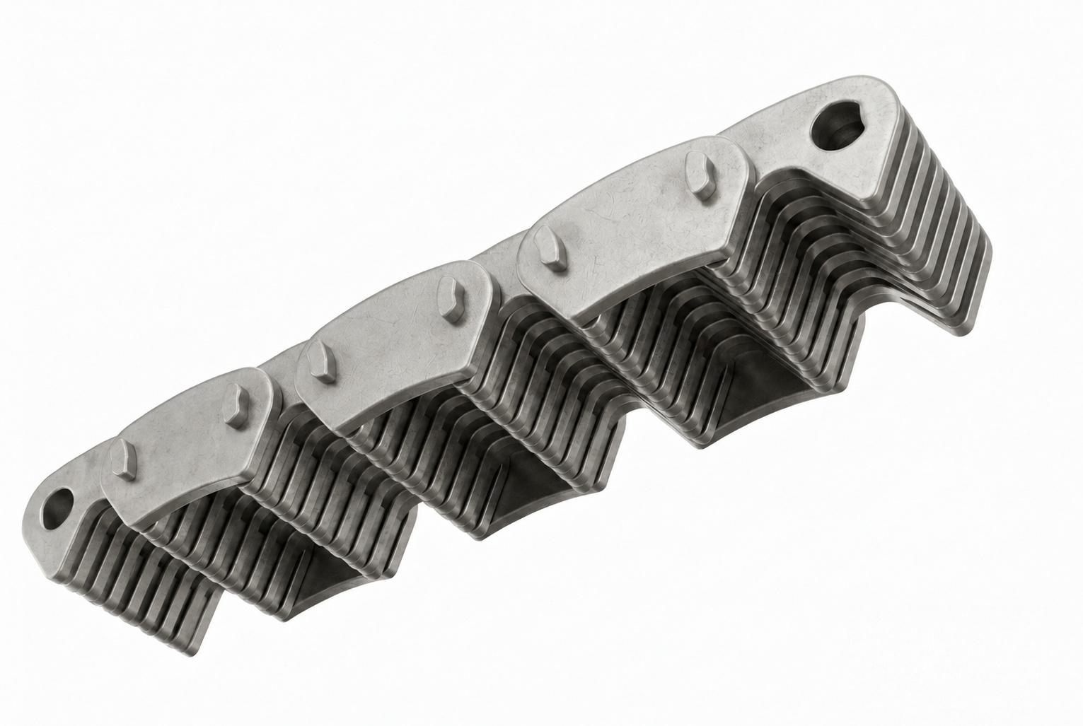 Silent chain assembly showing the toothed link plates and pin joints